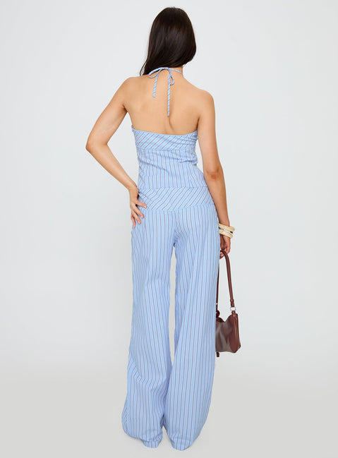 back view of model wearing Princess Polly Sofea Mid Rise Pant Blue Stripe High Waisted Pants 