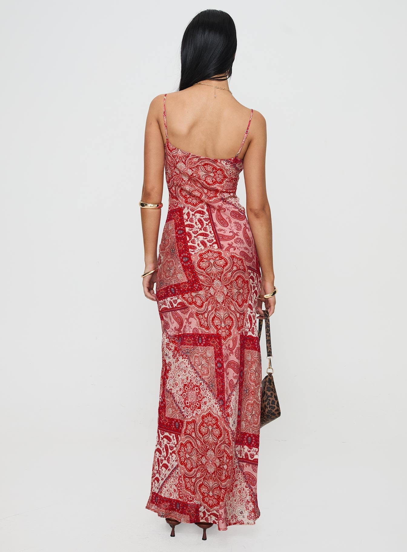 back view of model wearing Princess Polly Sugar Plum Maxi Dress Red Paisley V-Neck 