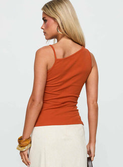 back view of model wearing Princess Polly Amarante Sleeveless Top Orange Sleeveless Asymmetric Neckline 