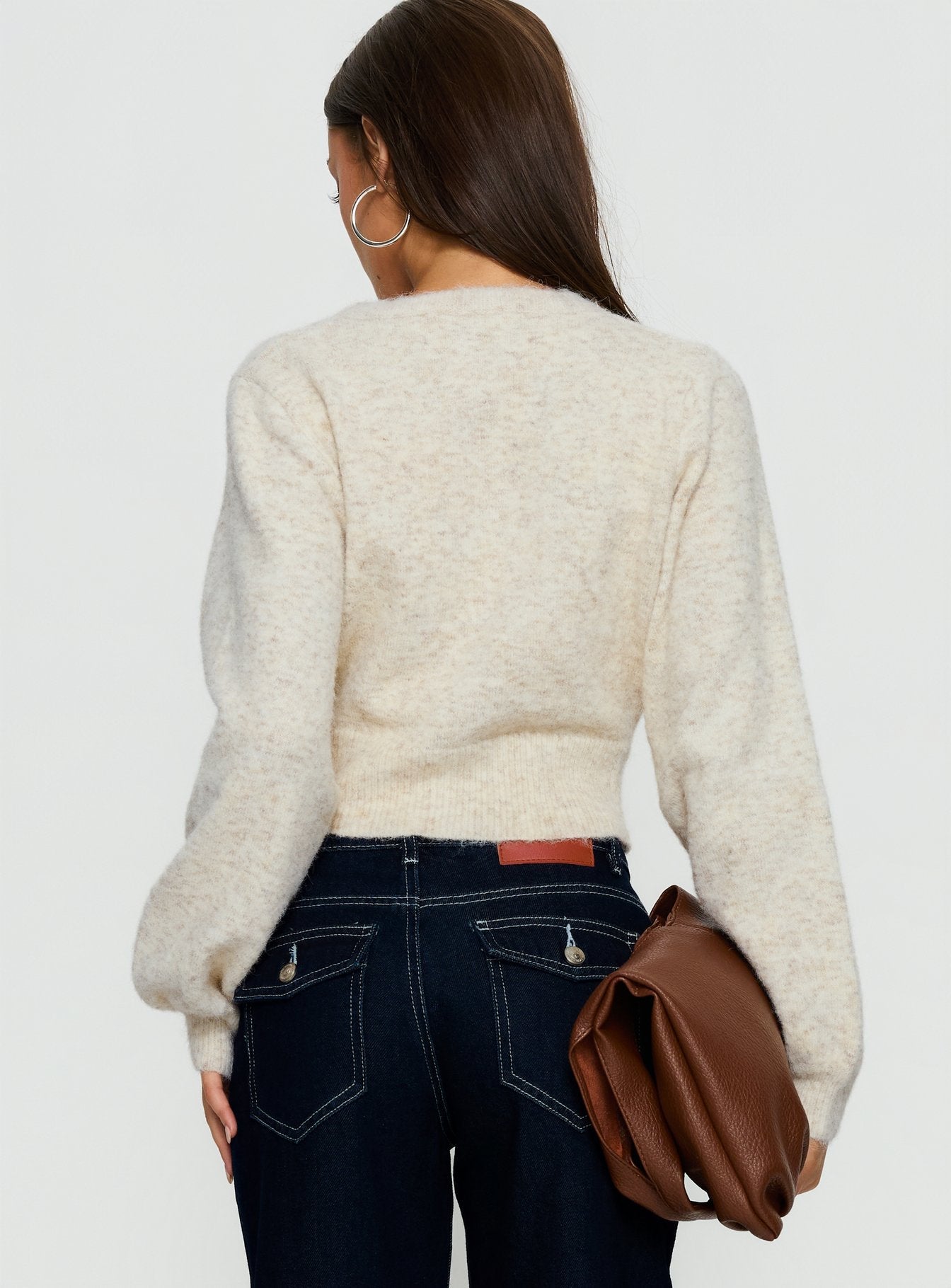 back view of model wearing Princess Polly Dawsen Button Down Cardigan Cream cropped 