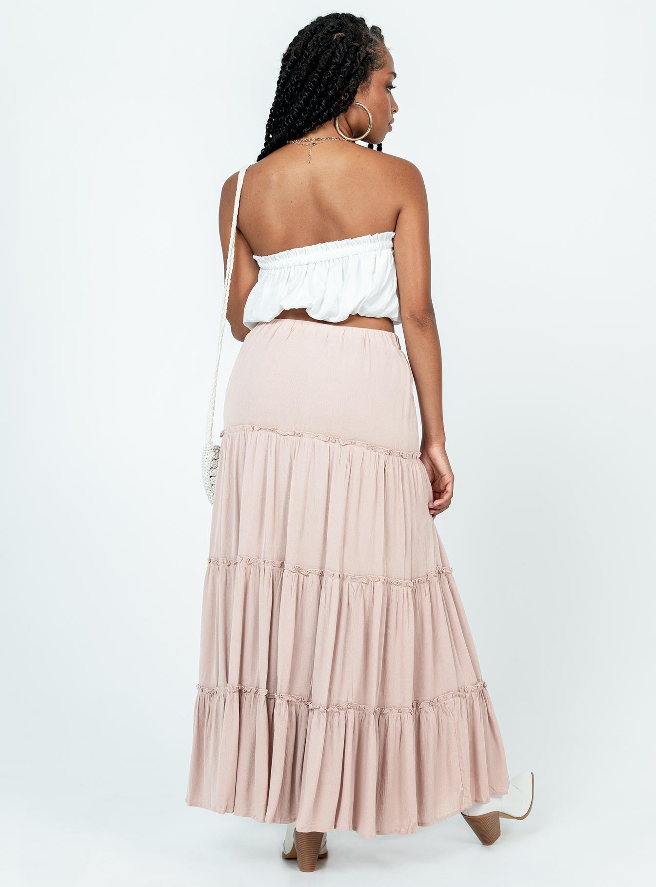 back view of model wearing Princess Polly Miriah Maxi Skirt Beige Maxi 