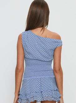 Ready To Party Off Shoulder Top Blue Polka