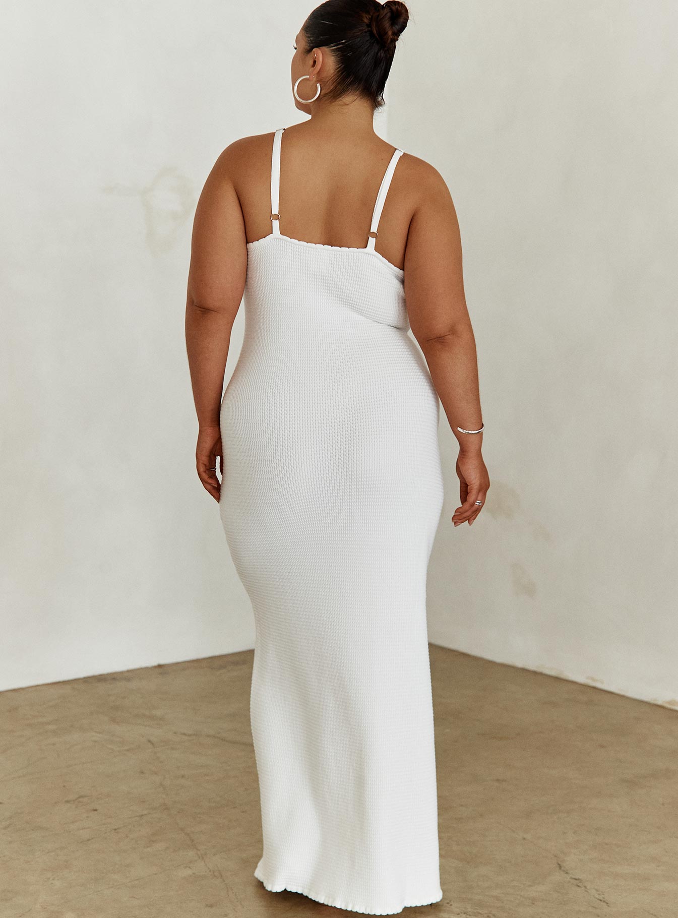 back view of model wearing Princess Polly Kattan Maxi Dress White Curve Scoop Neck 