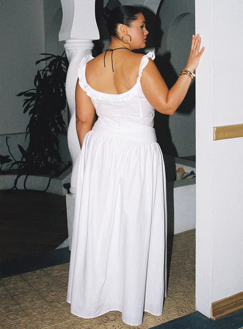 back view of model wearing Princess Polly Valerio Maxi Skirt White Curve Maxi 