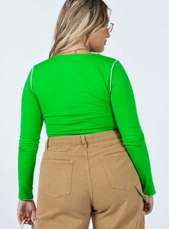 back view of model wearing Princess Polly Good Vibes Long Sleeve Top Green 