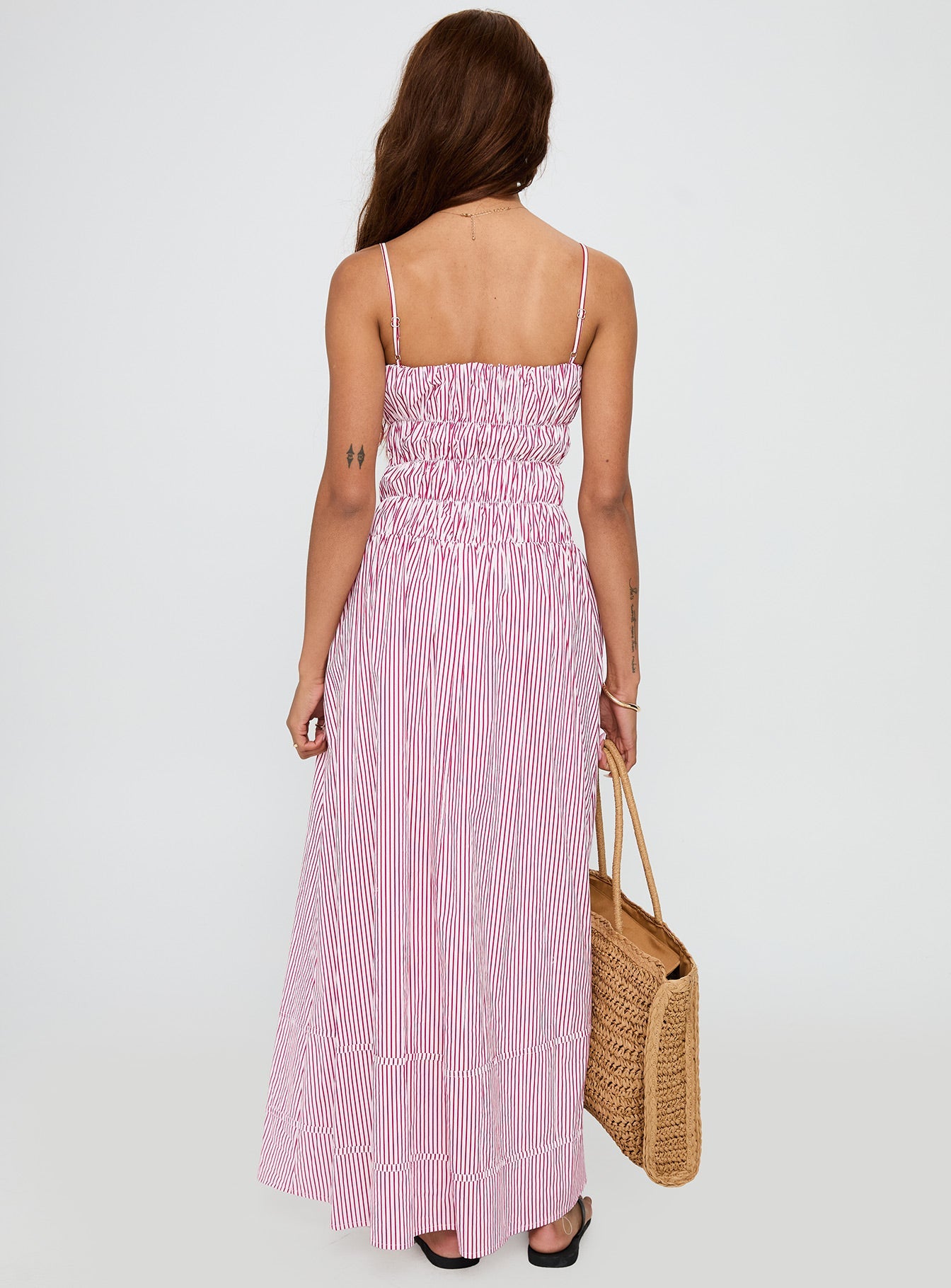 back view of model wearing Princess Polly Loralei Shirred Maxi Dress Red Stripe Square Neck 