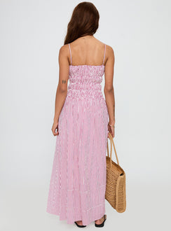 back view of model wearing Princess Polly Loralei Shirred Maxi Dress Red Stripe Square Neck 