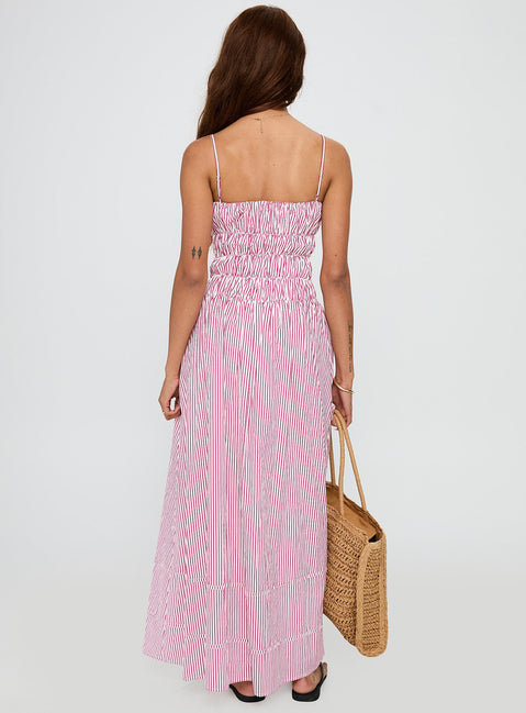 back view of model wearing Princess Polly Loralei Shirred Maxi Dress Red Stripe Square Neck 