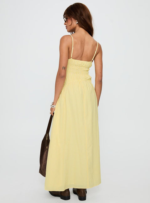 back view of model wearing Princess Polly Magnolie Shirred Maxi Dress Yellow Stripe Square Neck 