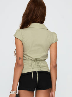 back view of model wearing Princess Polly Arianwyn Short Sleeve Shirt Sage Short Sleeves V-Neck 