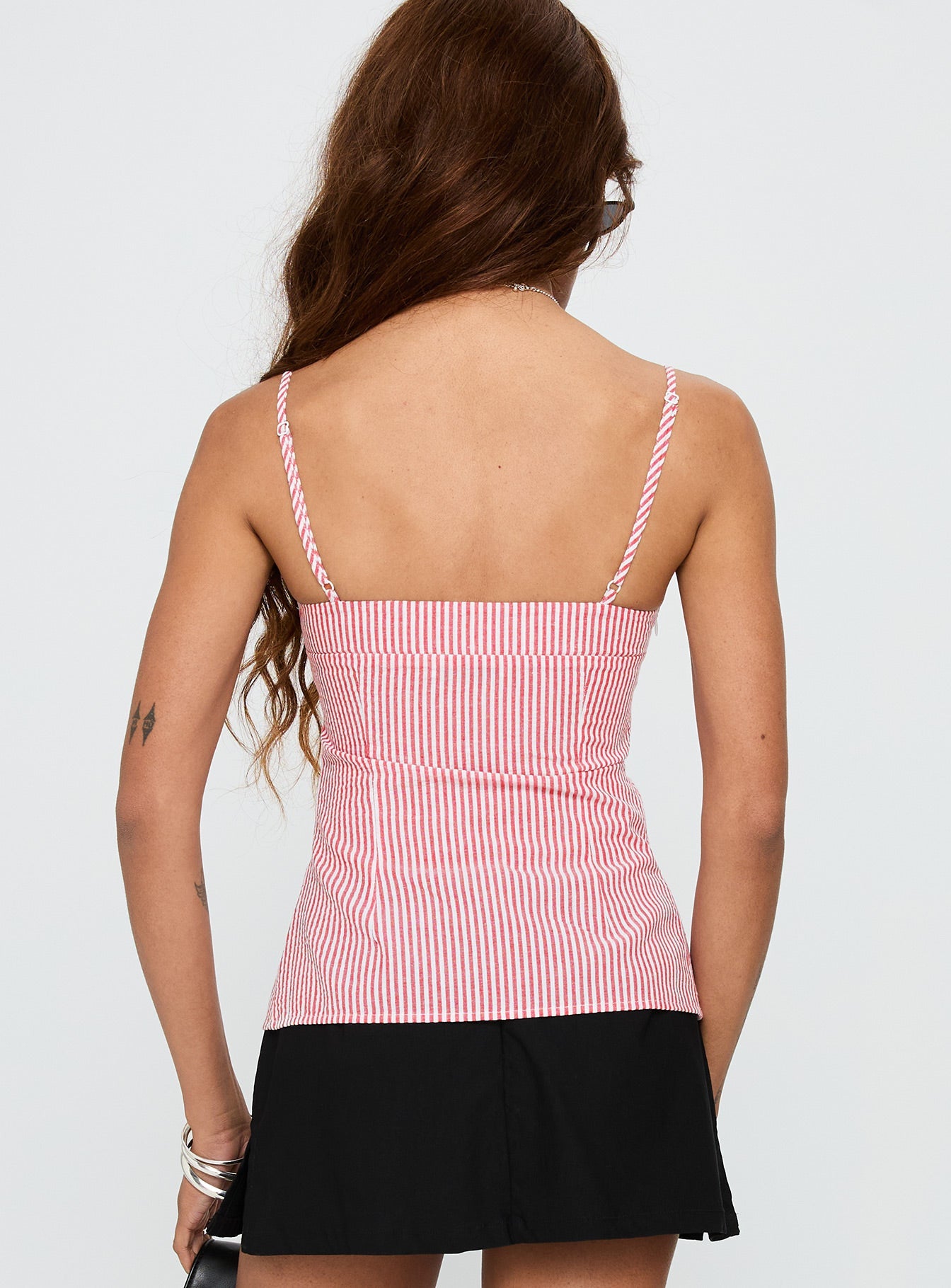 back view of model wearing Princess Polly In Your Palm Top Red Stripe Sleeveless Sweetheart 