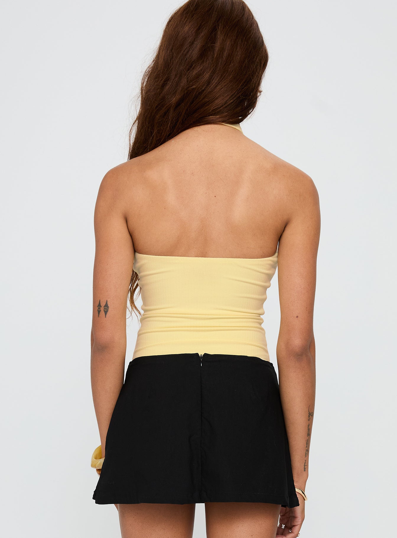 back view of model wearing Princess Polly Dulce Vita Hardware Detail Bodysuit Lemon Sleeveless 