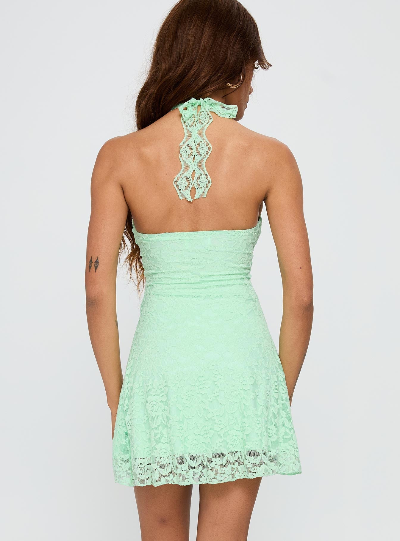 back view of model wearing Princess Polly Front Page Halter Lace Mini Dress Aqua Square Neck 