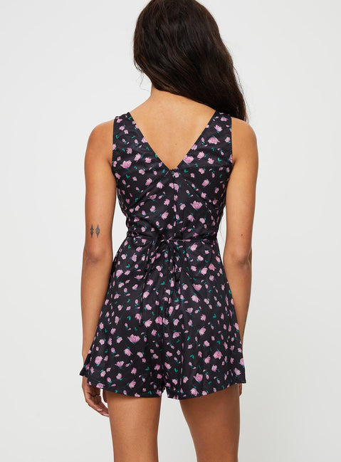 Floral romper V-neckline, slight ruching at bust, invisible zip and tie fastening at back
