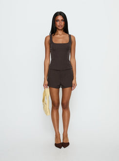 Party Invitations Tailored Shorts Brown Pinstripe