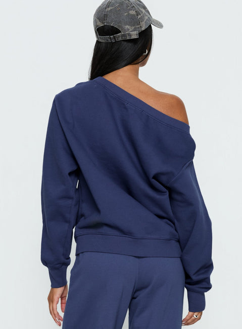 back view of model wearing Princess Polly Wellness Off the Shoulder Jumper Navy 