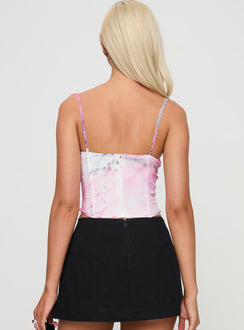back view of model wearing Princess Polly Sakura Top Multi Sleeveless Sweetheart 
