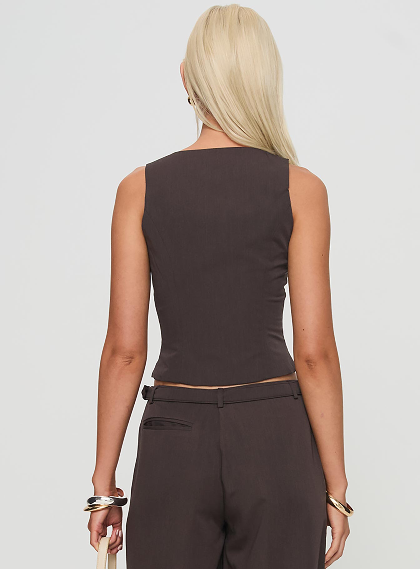 back view of model wearing Princess Polly Airi Top Brown Sleeveless Scoop Neck 