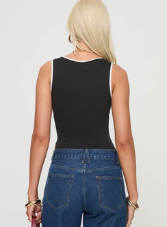 back view of model wearing Princess Polly Hugeaux Bodysuit Black Sleeveless 