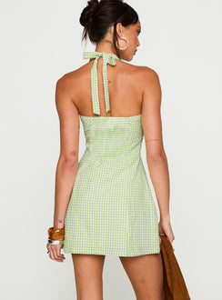 back view of model wearing Princess Polly Mallorie Halter Mini Dress Green Check Scoop Neck 