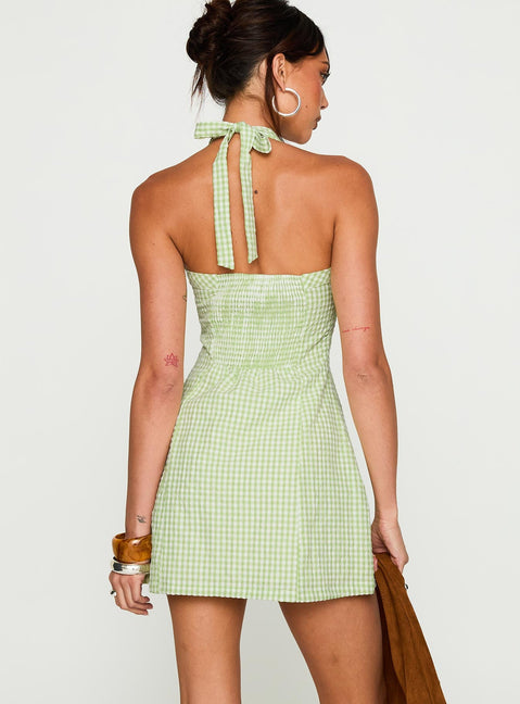 back view of model wearing Princess Polly Mallorie Halter Mini Dress Green Check Scoop Neck 