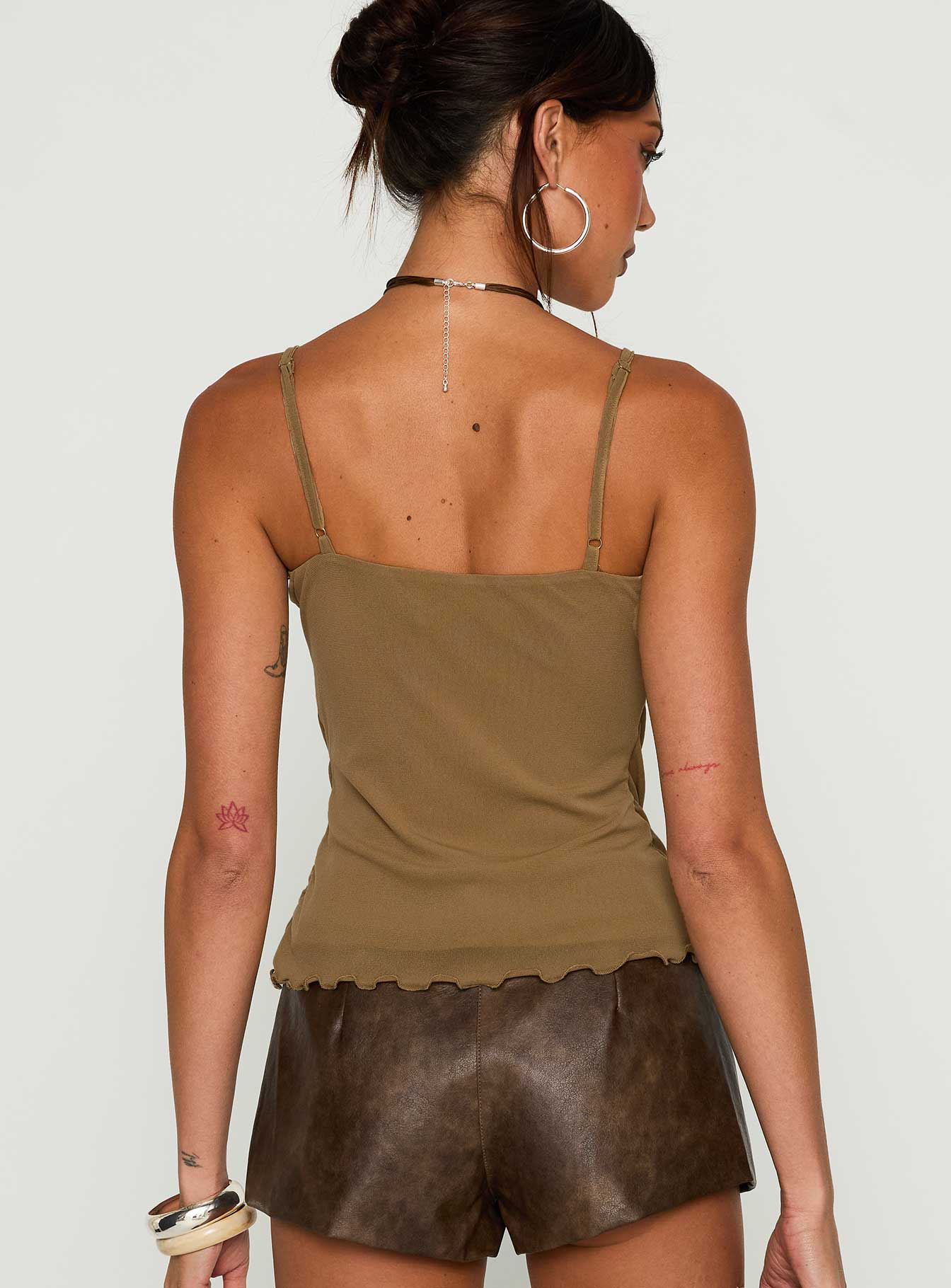 back view of model wearing Princess Polly Start Of Summer Sequin Top Brown Sleeveless Scoop Neck 