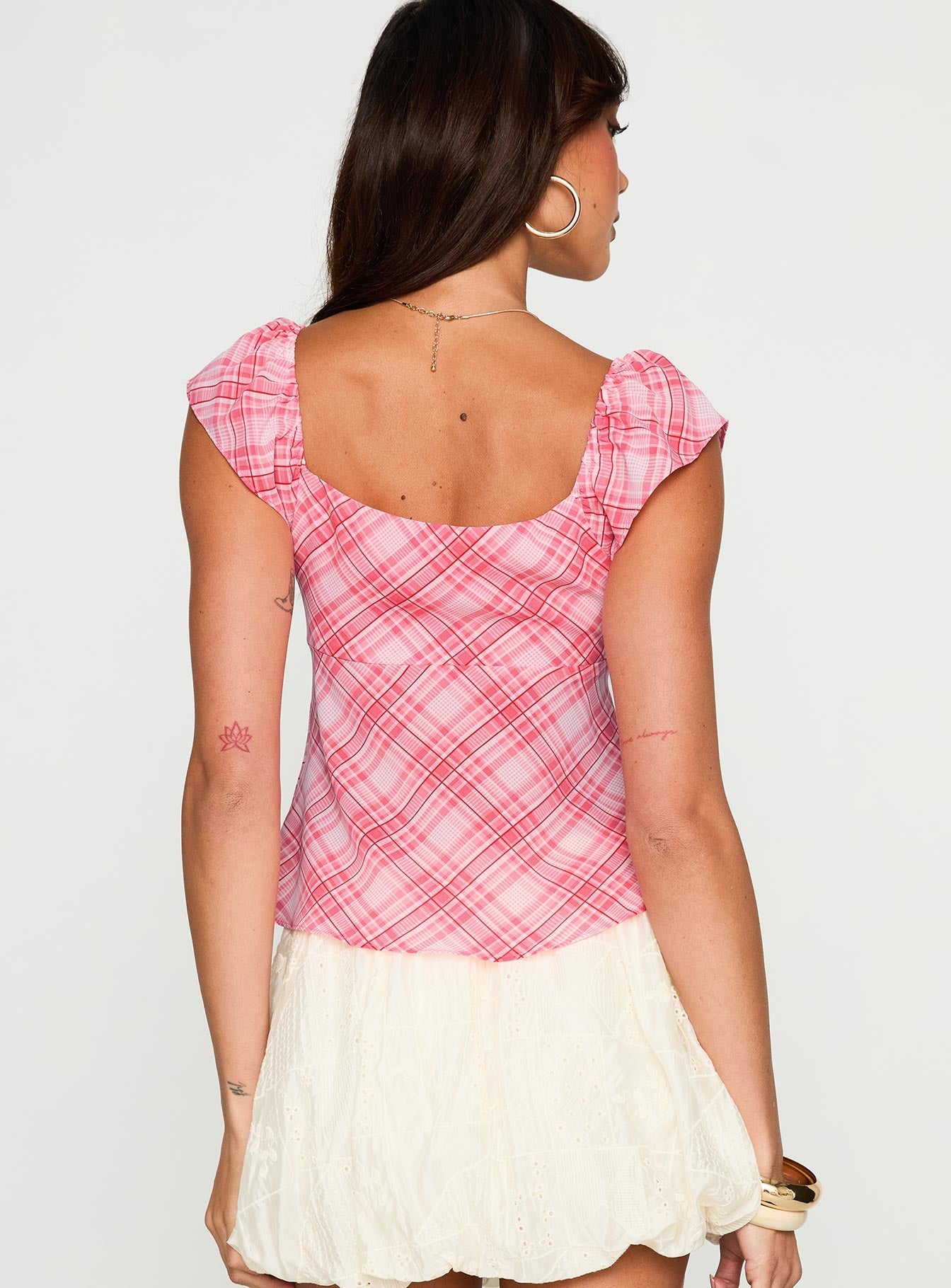 back view of model wearing Princess Polly Jazz Club Top Pink Check Short Sleeves Plunger 