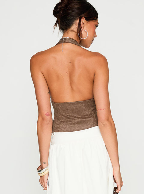 back view of model wearing Princess Polly Down The Line Halter Top Brown Sleeveless Plunger 