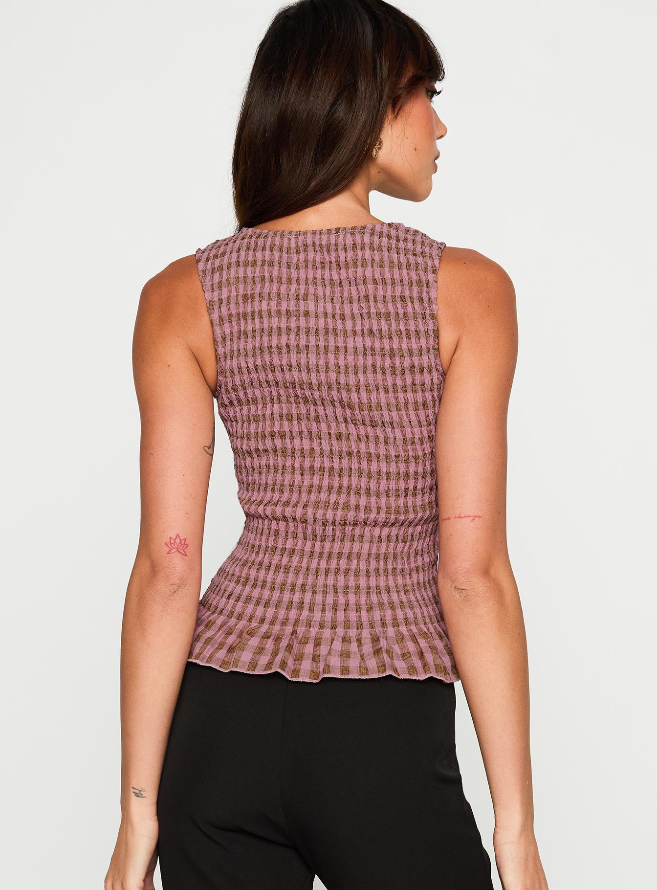 back view of model wearing Princess Polly Chauntelle Ruched Top Pink Check Sleeveless Crew Neck 
