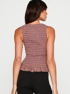 back view of model wearing Princess Polly Chauntelle Ruched Top Pink Check Sleeveless Crew Neck 