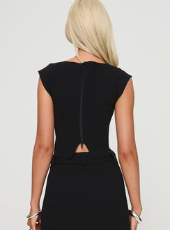 back view of model wearing Princess Polly Ayumi Top Black Short Sleeves Crew Neck 