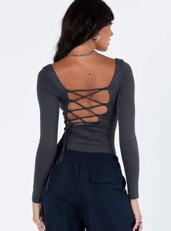 back view of model wearing Princess Polly Corthay Bodysuit Grey Full Sleeves Scoop Neck 