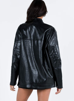 Black jacket Faux leather material Twin press button fastening at neck Zip fastening at front