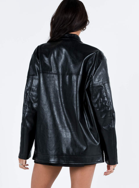 Black jacket Faux leather material Twin press button fastening at neck Zip fastening at front