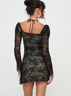 back view of model wearing Princess Polly Aubriella Lace Mini Dress Black Square Neck 