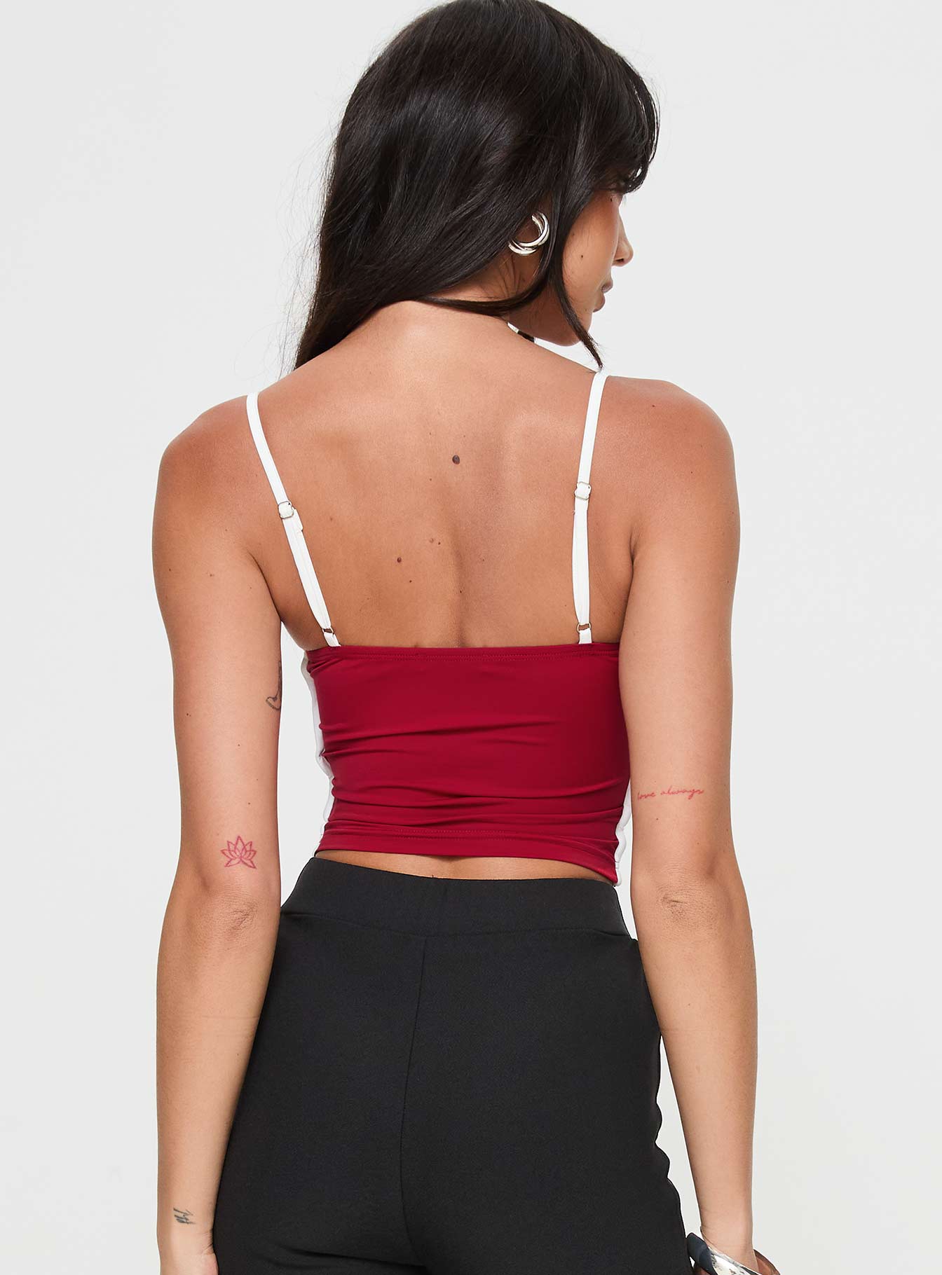 back view of model wearing Princess Polly Maidenwell Contrast Top Red Sleeveless Square Neck 