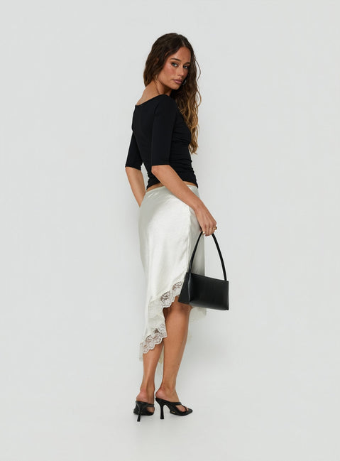 Koletta Asymmetrical Lace Trim Satin Midi Skirt Ivory