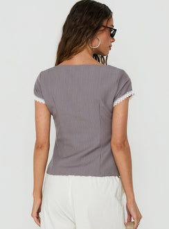 Margherite Asymmetrical Button Detail Short Sleeve Top Grey Stripe