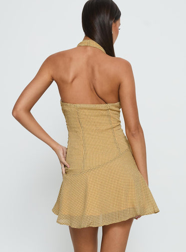 Sayla Halter Ruched Mini Dress Yellow Check