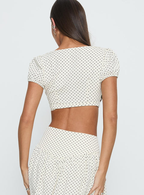 Alletta Tie Up Micro Crop Top Cream Polka