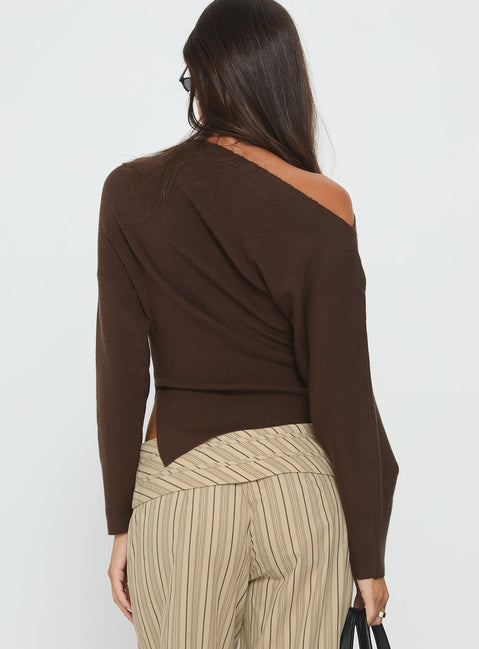 back view of model wearing Princess Polly Kaelith Off Shoulder Knit Sweater Brown Longline Jumpers 
