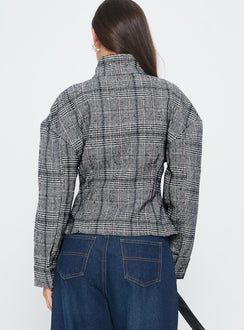 Cathrine Cinched High Neck Jacket Grey Plaid