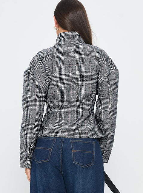 Cathrine Cinched High Neck Jacket Grey Plaid