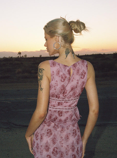 back view of model wearing Princess Polly Nikolise Top Purple Petite Sleeveless Plunger 