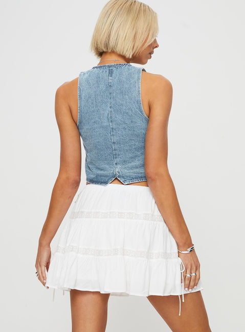 Mini skirt  A-line relax fit, tiered design, lace detail panels, lace-up fastening at side, elasticated waistband 