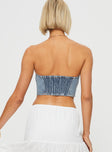 Strapless denim top Inner silicone strip at bust, shirred band at back Good stretch, unlined 