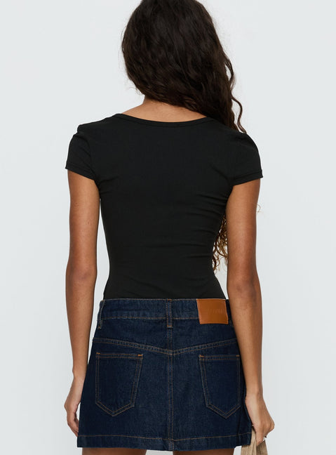 back view of model wearing Princess Polly Laretta Button Up Bodysuit Black Short Sleeve 