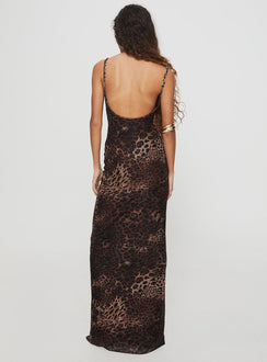 back view of model wearing Princess Polly Knox Maxi Dress Leopard Scoop Neck 