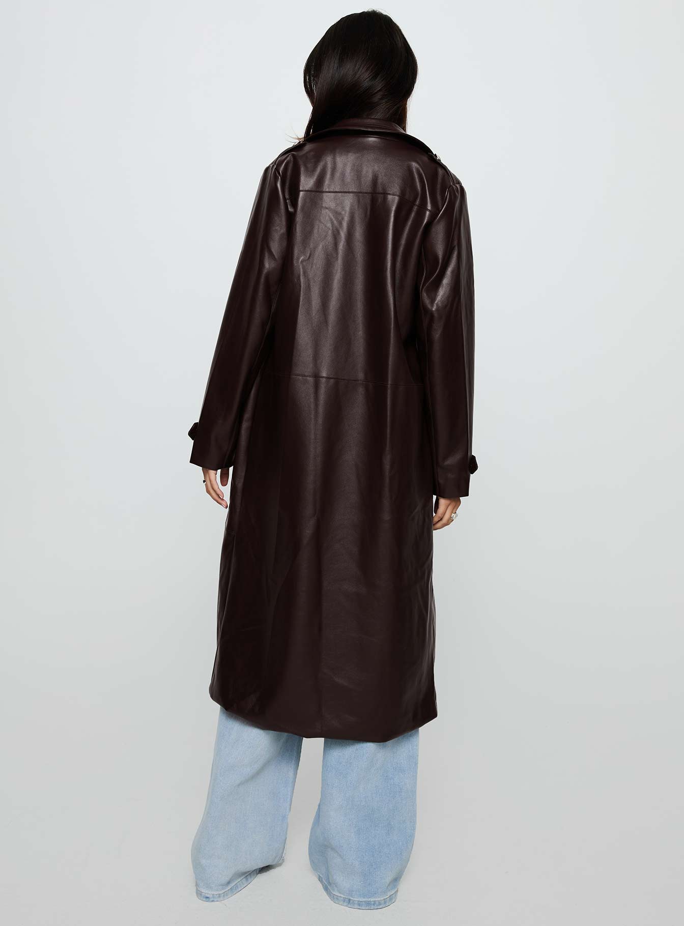 High Standards Faux Leather Trench Coat Brown