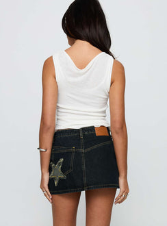 back view of model wearing Princess Polly Standout Patch Detail Denim Skort Blue Mini Skirts Skirts 